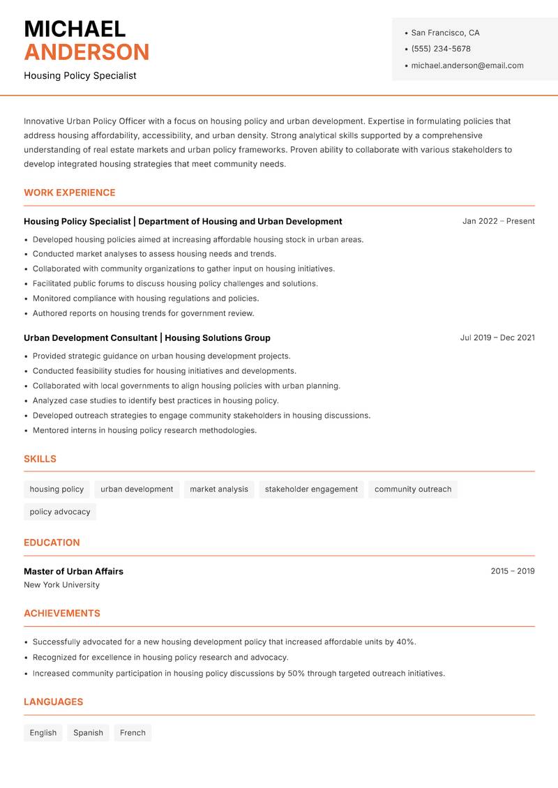 Urban Policy Officer resume template — Modern Professional