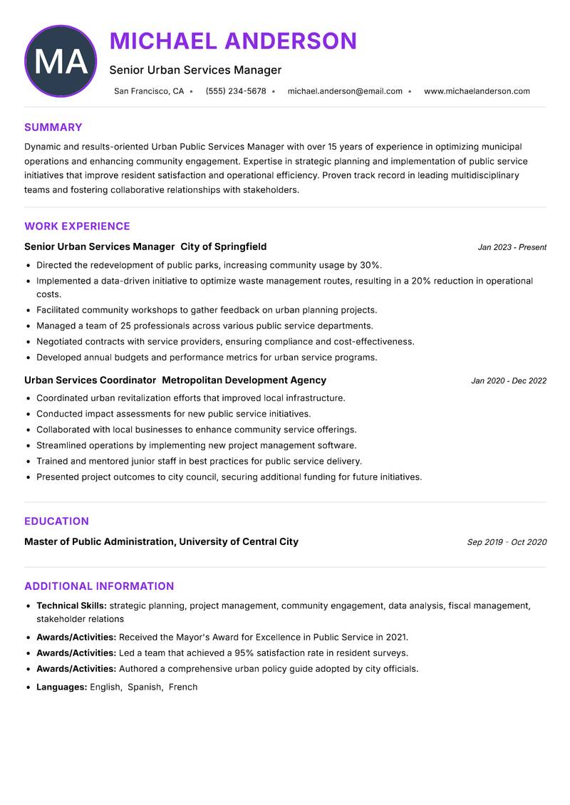 Urban Public Services Manager resume example — ATS-friendly template