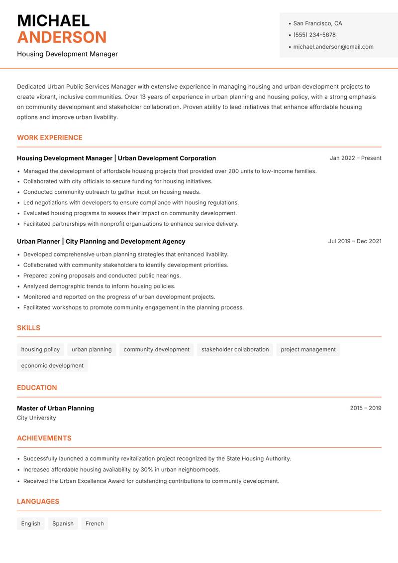 Urban Public Services Manager resume template — Modern Professional