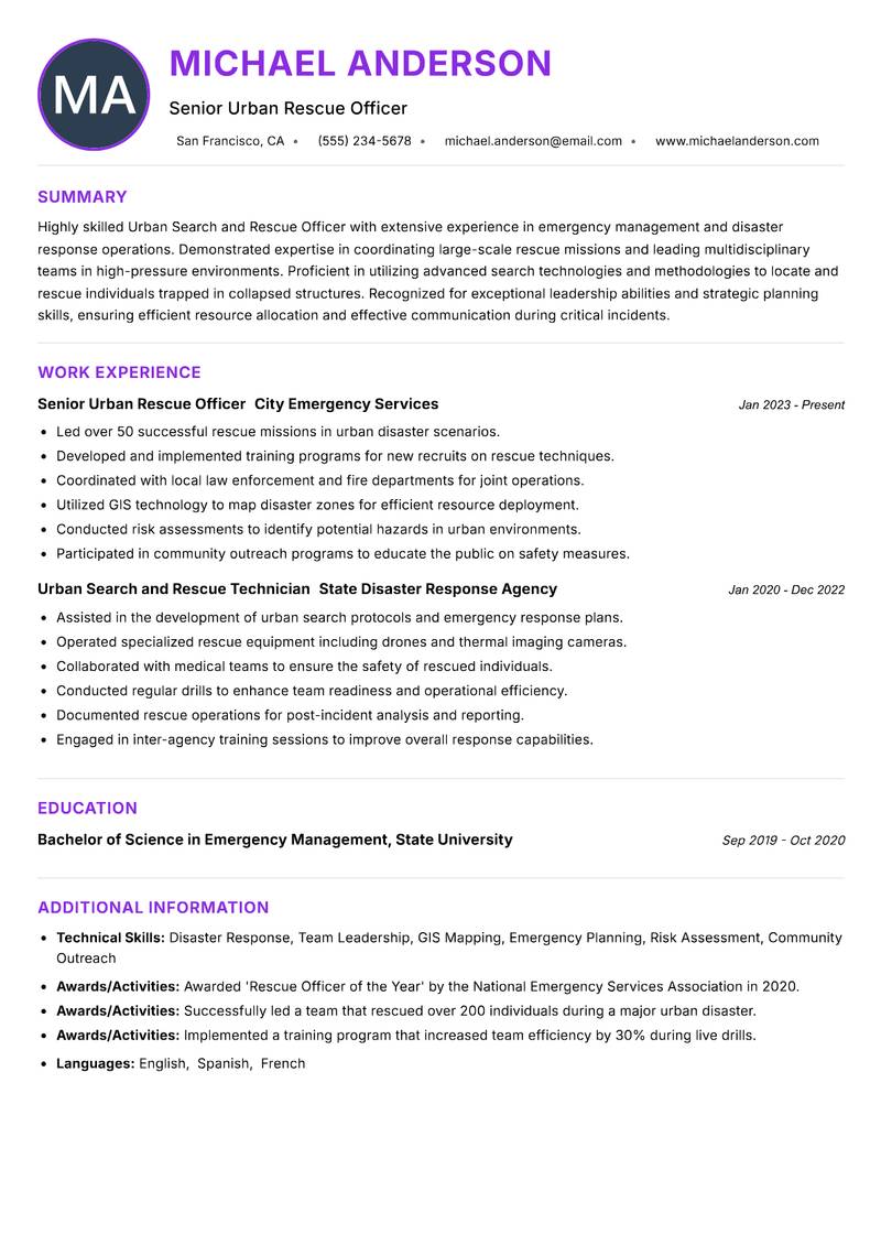 Urban Search and Rescue Officer resume example — ATS-friendly template
