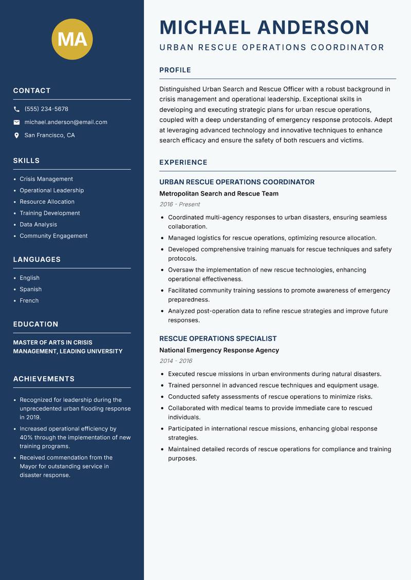 Urban Search and Rescue Officer resume template — Classic Clean