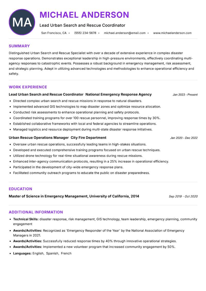 Urban Search and Rescue Specialist resume example — ATS-friendly template