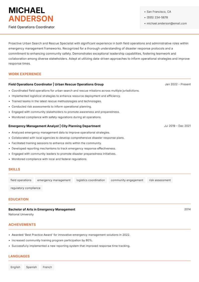 Urban Search and Rescue Specialist resume template — Modern Professional