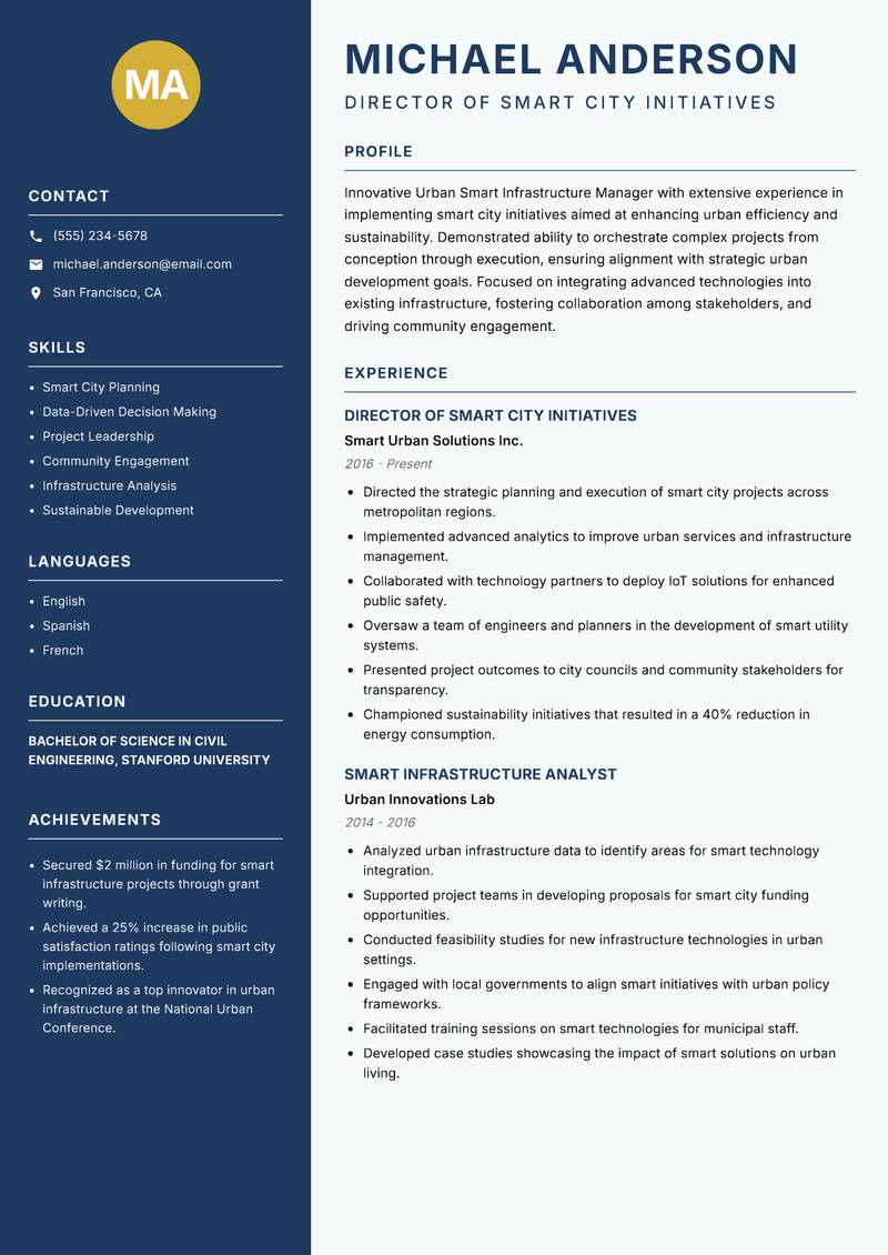 Urban Smart Infrastructure Manager resume template — Classic Clean