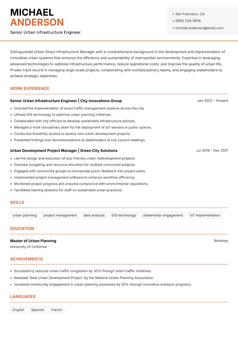 Urban Smart Infrastructure Manager resume template — Modern Professional
