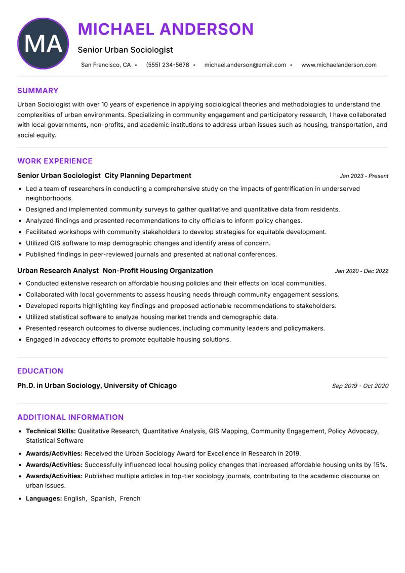 Urban Sociologist resume example — ATS-friendly template