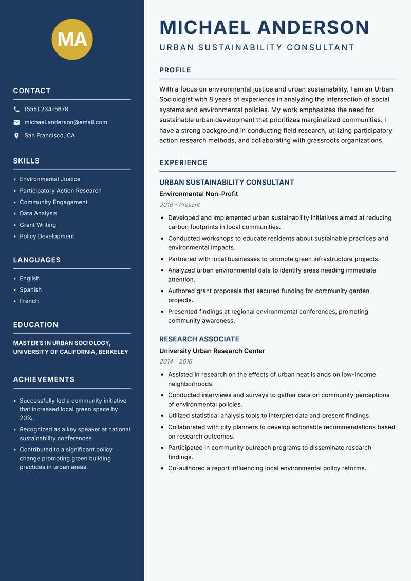 Urban Sociologist resume template — Classic Clean