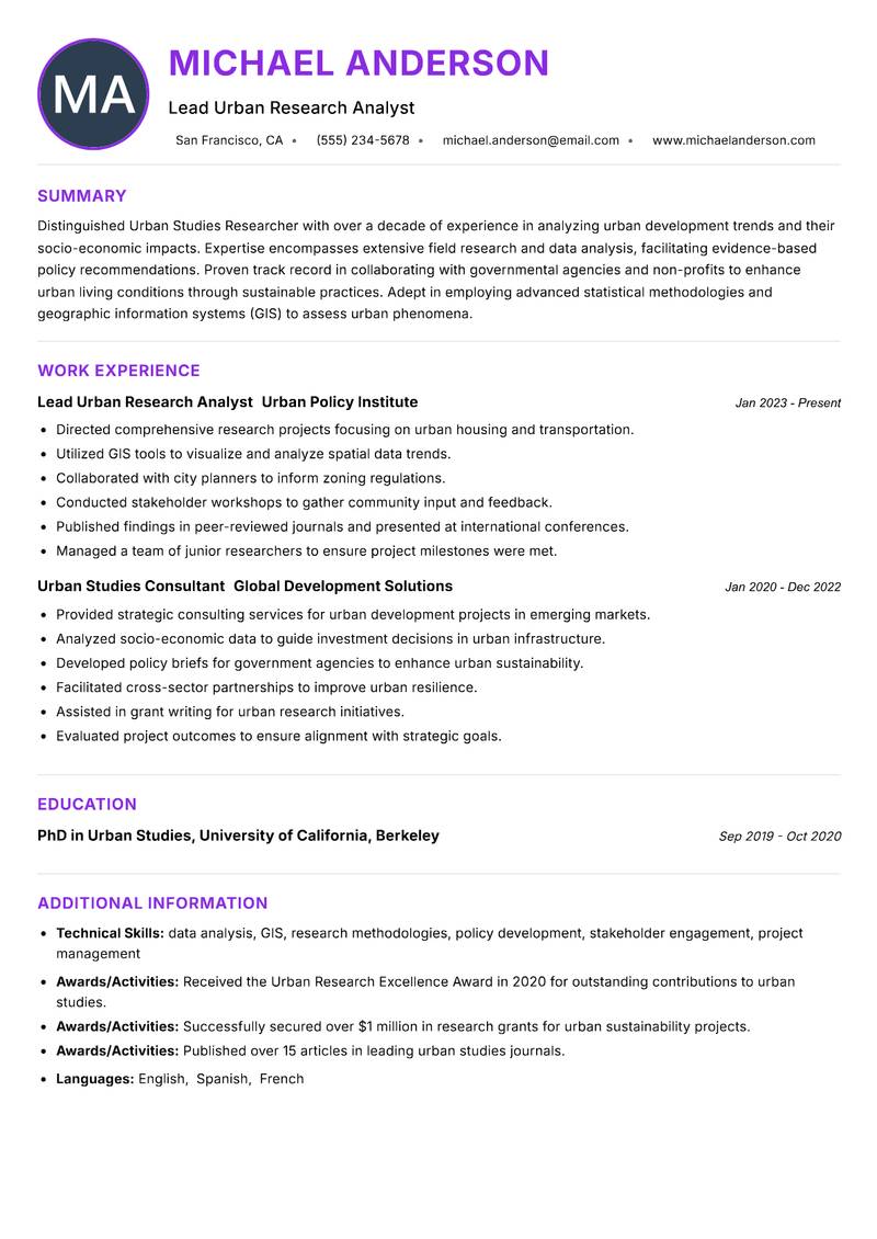 Urban Studies Researcher resume example — ATS-friendly template