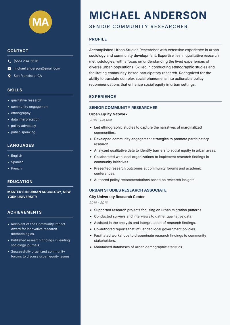 Urban Studies Researcher resume template — Classic Clean