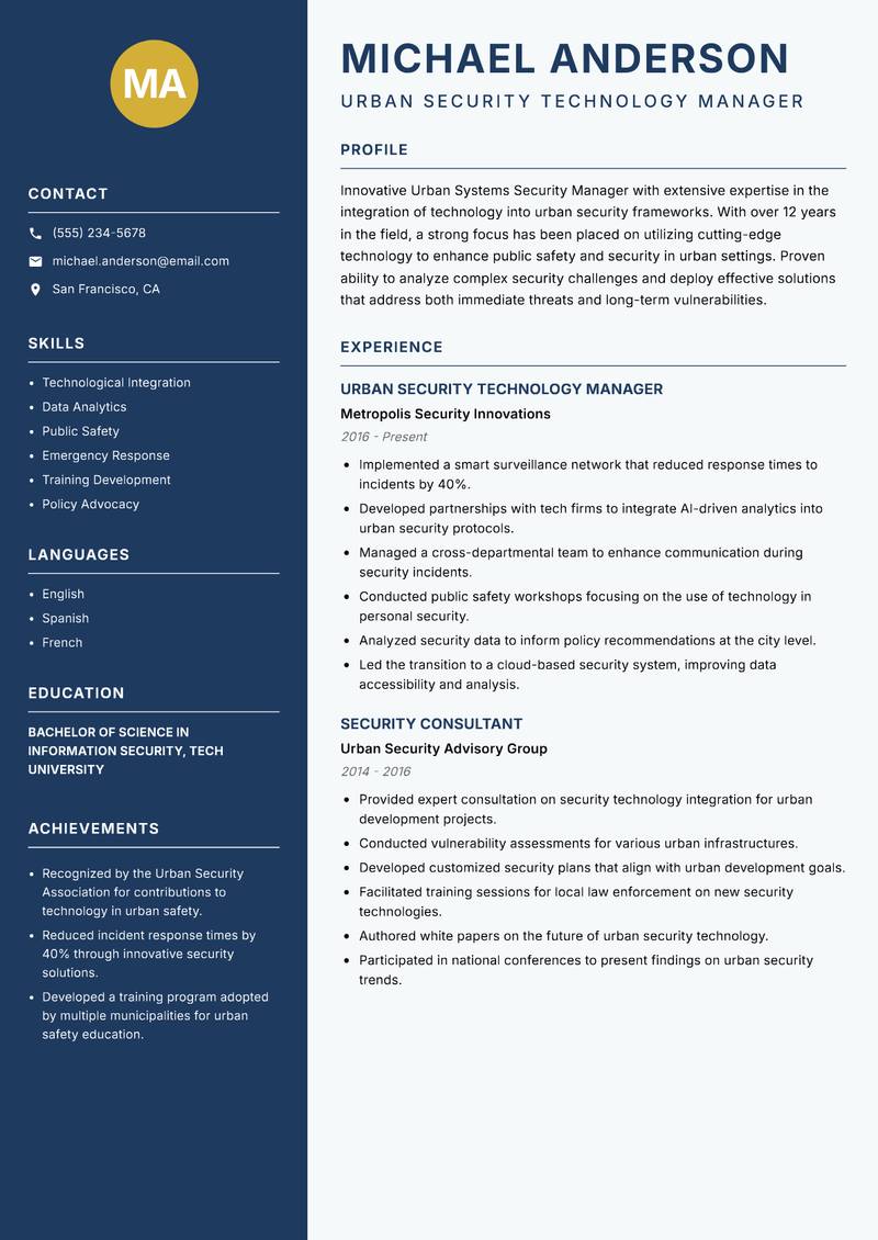 Urban Systems Security Manager resume template — Classic Clean