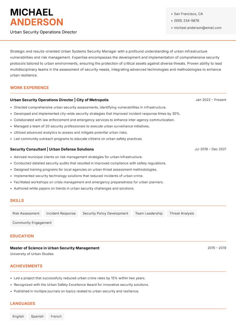 Urban Systems Security Manager resume template — Modern Professional