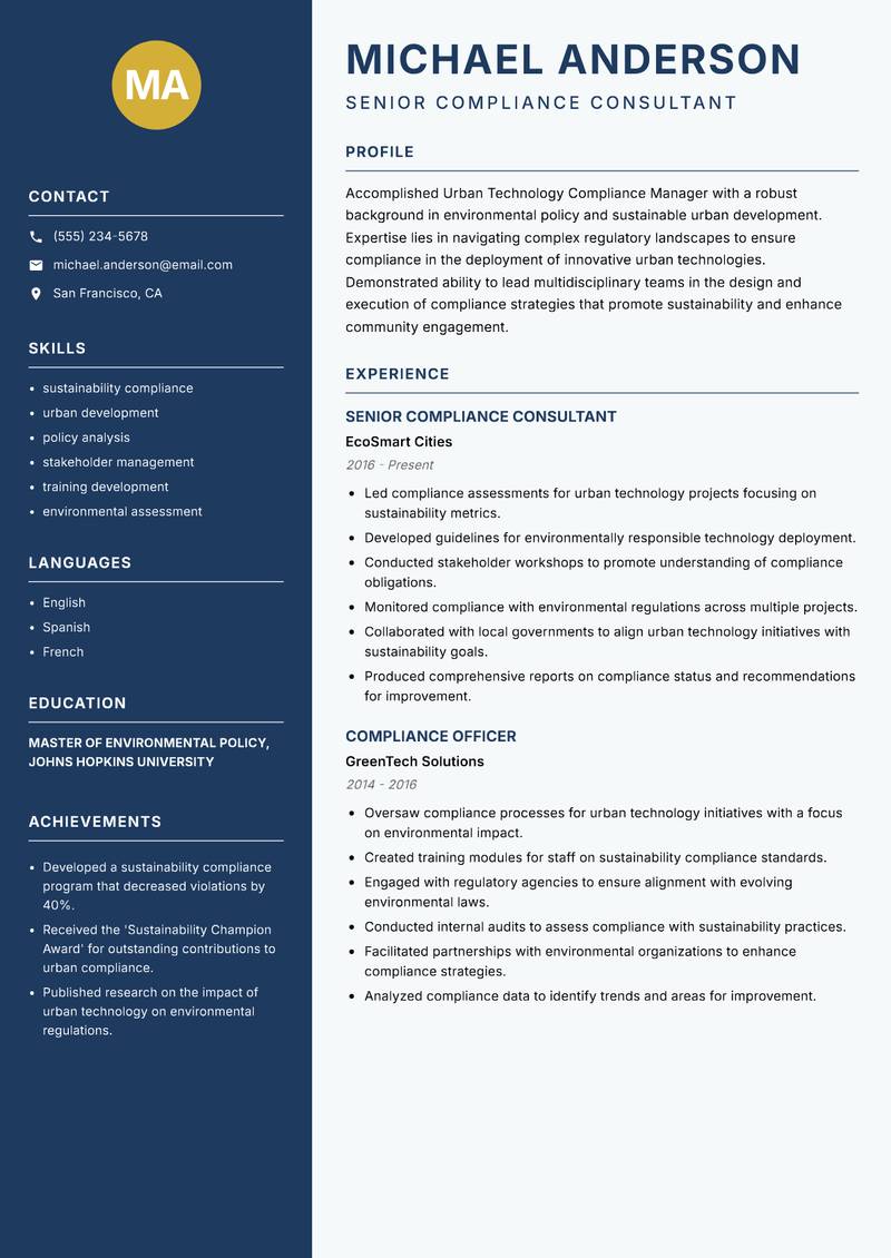 Urban Technology Compliance Manager resume template — Classic Clean
