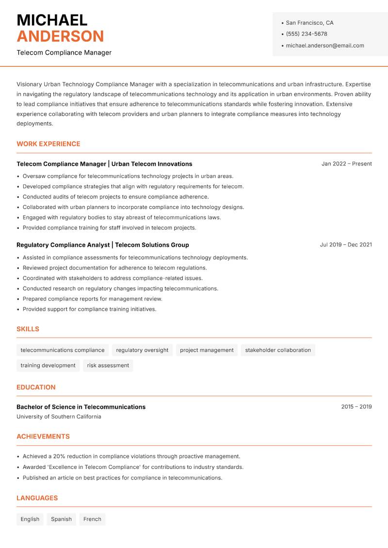 Urban Technology Compliance Manager resume template — Modern Professional