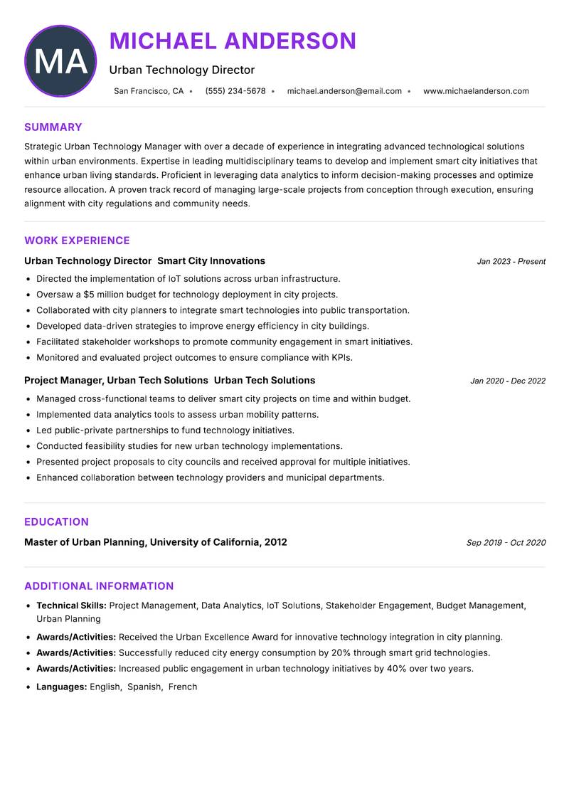 Urban Technology Manager resume example — ATS-friendly template