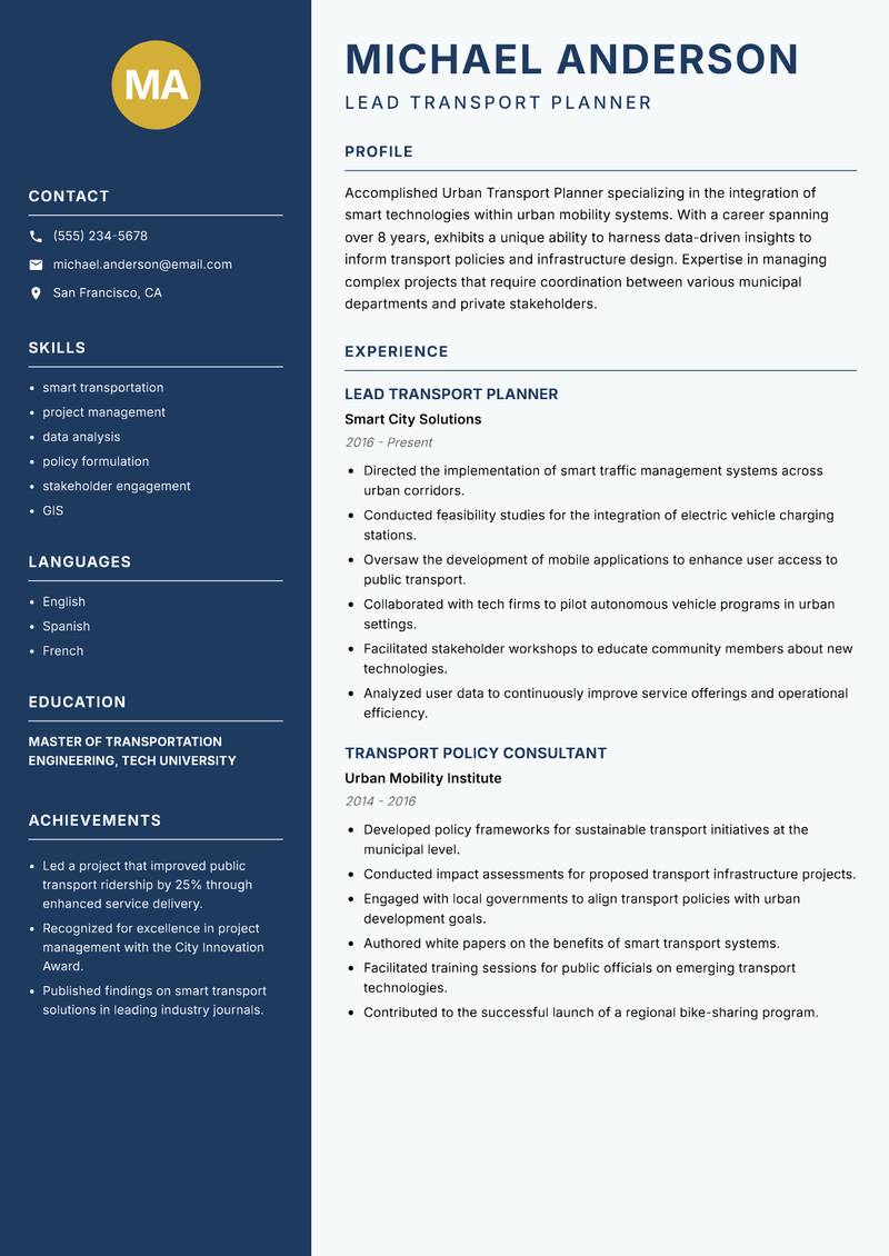 Urban Transport Planner resume template — Classic Clean