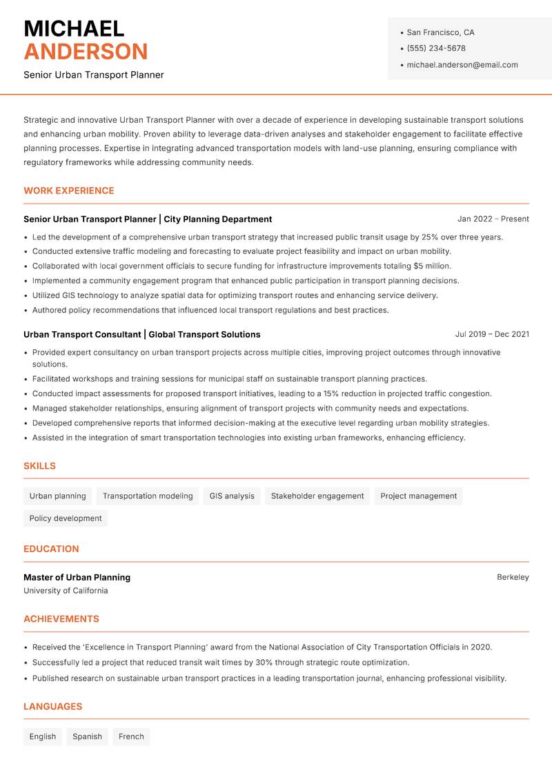Urban Transport Planner resume template — Modern Professional