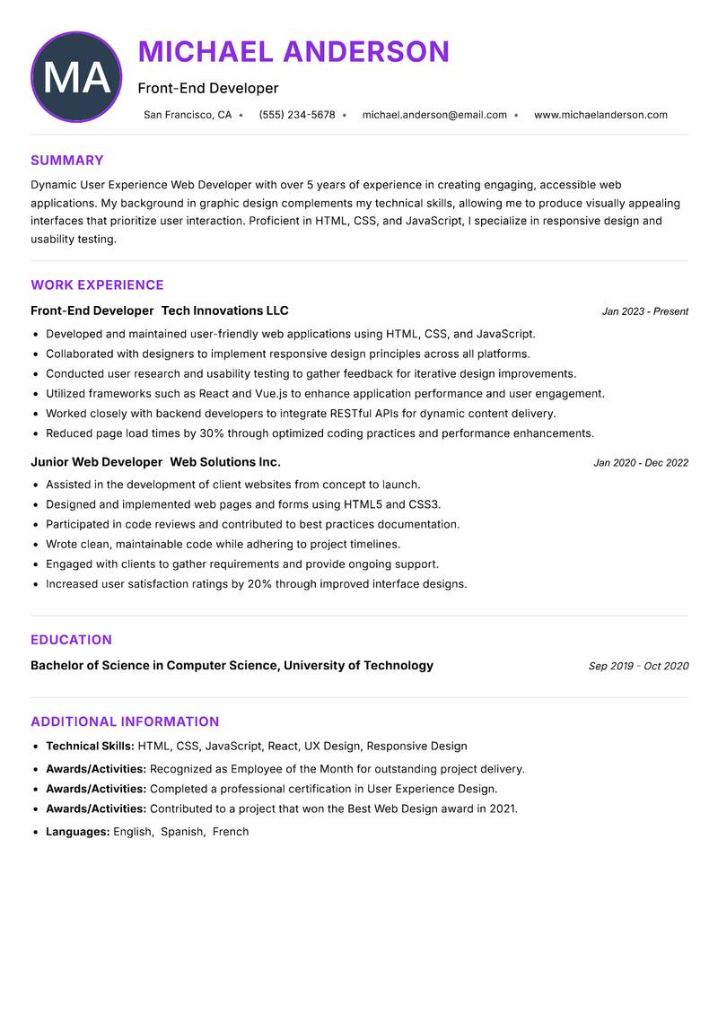 User Experience Web Developer resume example — ATS-friendly template