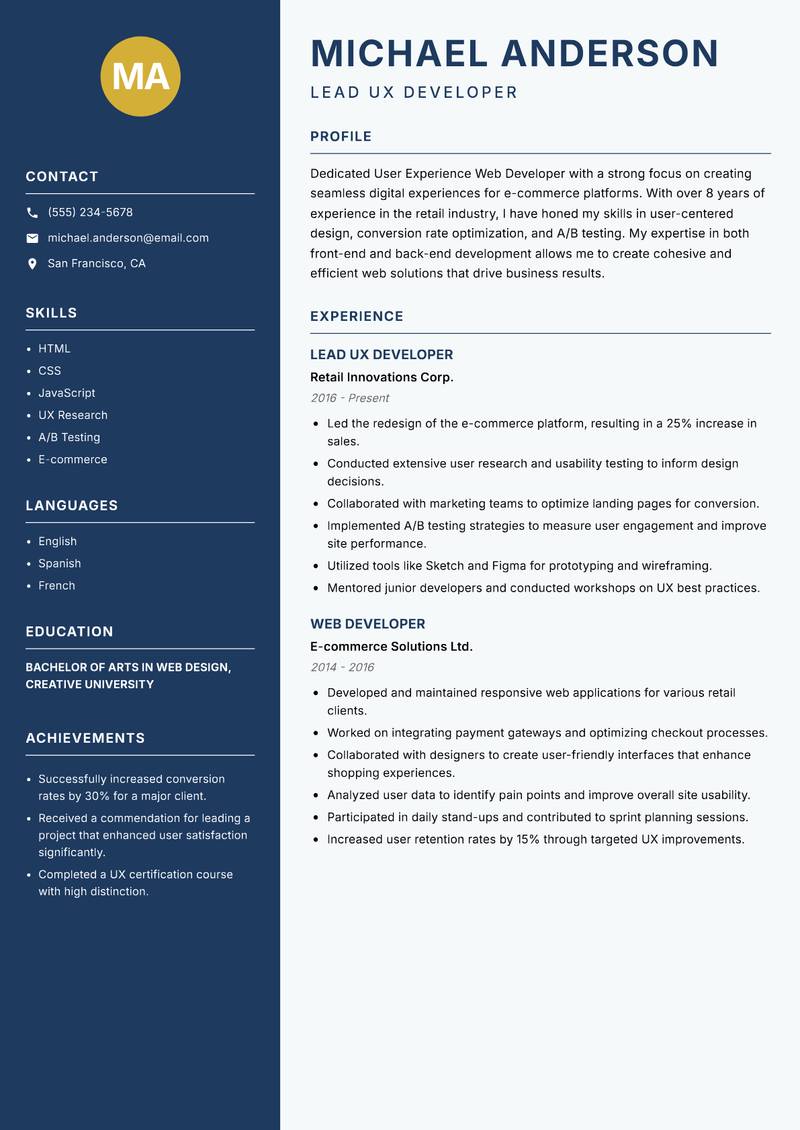 User Experience Web Developer resume template — Classic Clean