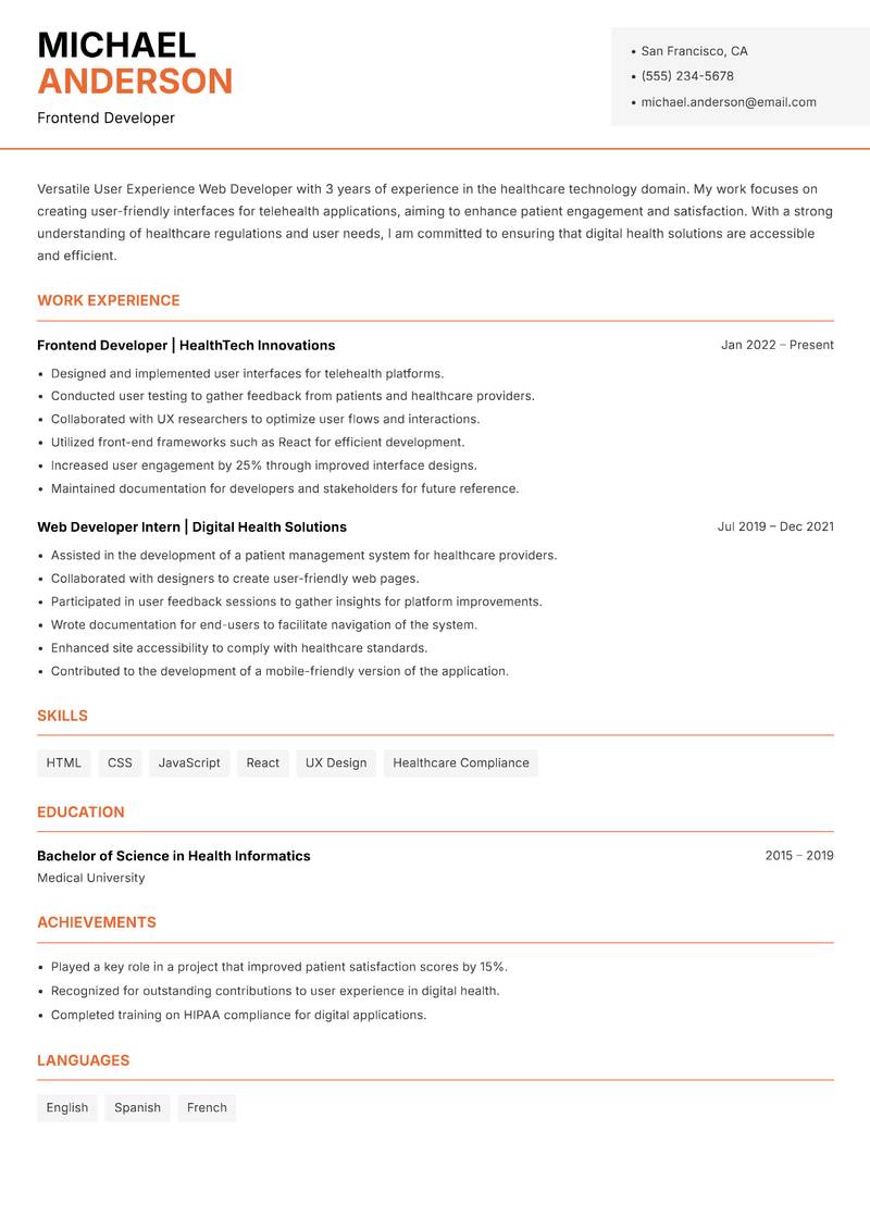 User Experience Web Developer resume template — Modern Professional