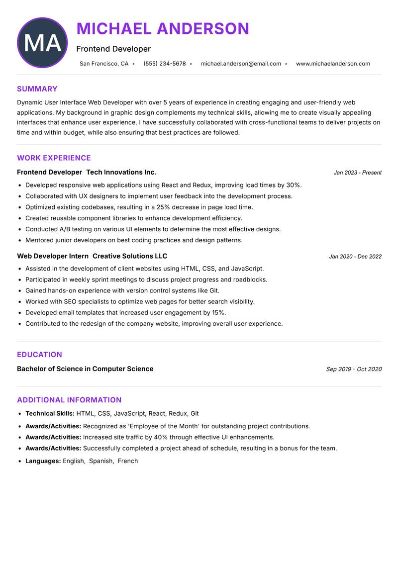 User Interface Web Developer resume example — ATS-friendly template
