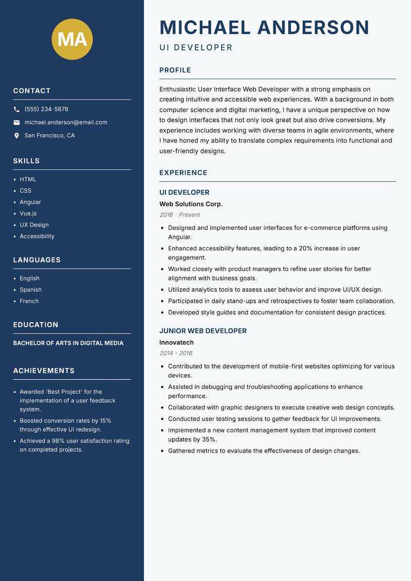User Interface Web Developer resume template — Classic Clean
