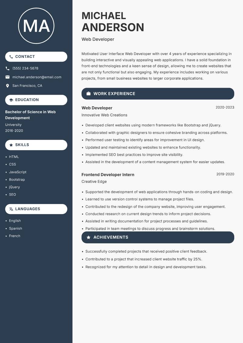 User Interface Web Developer resume template — Compact