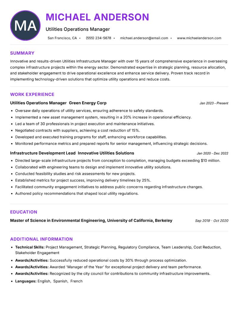 Utilities Infrastructure Manager resume example — ATS-friendly template