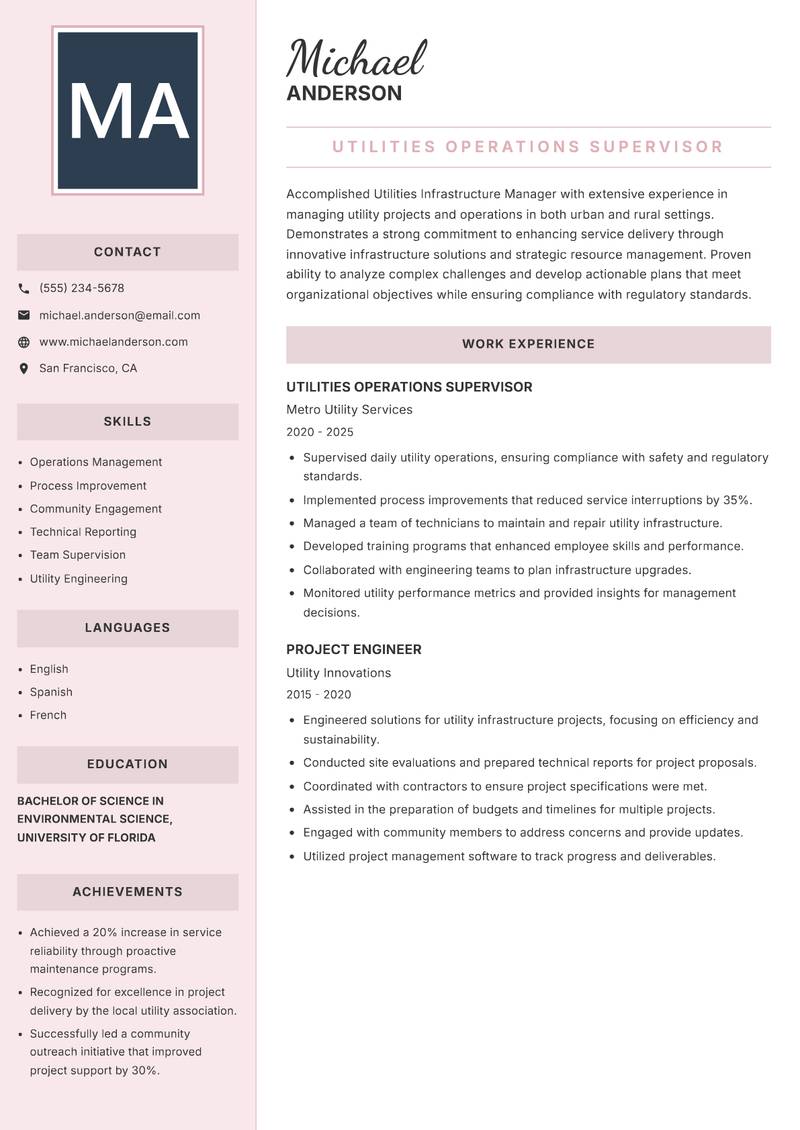 Utilities Infrastructure Manager resume template — Executive