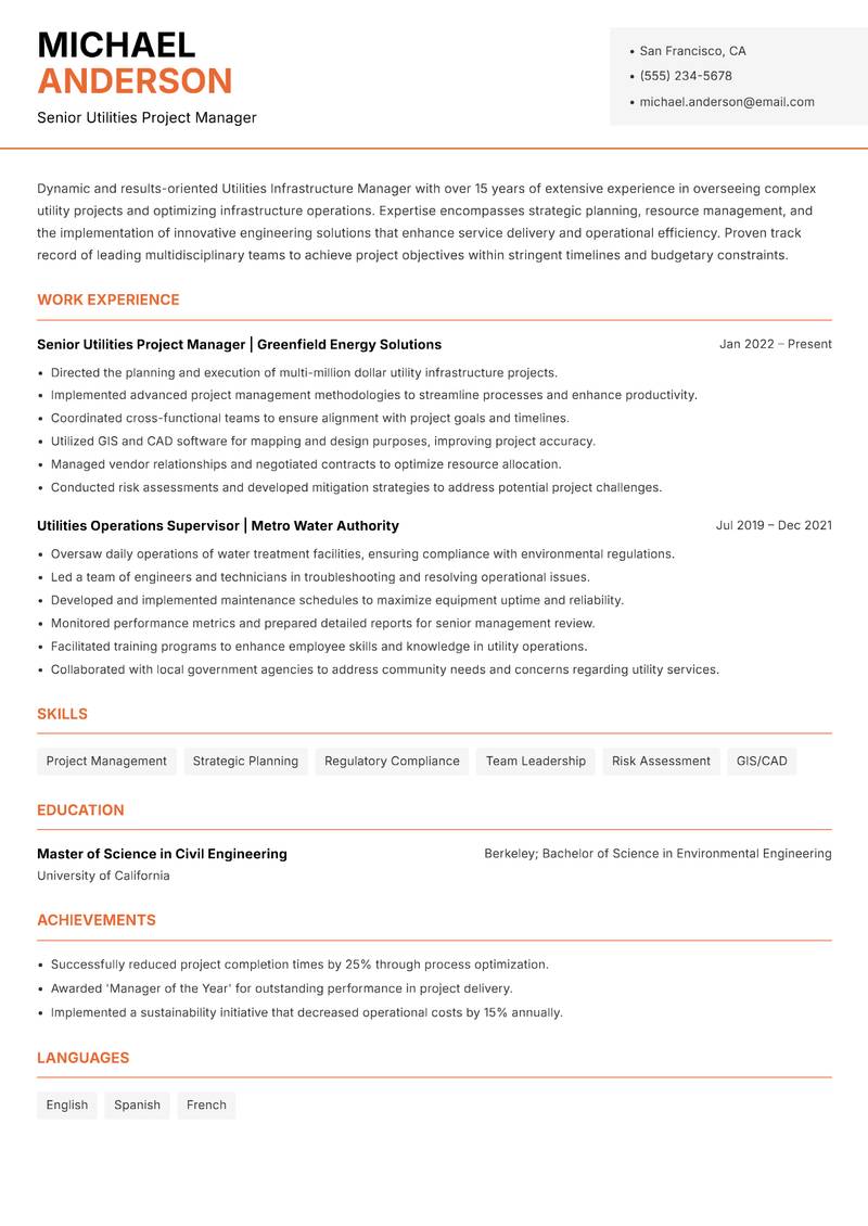 Utilities Infrastructure Manager resume template — Modern Professional