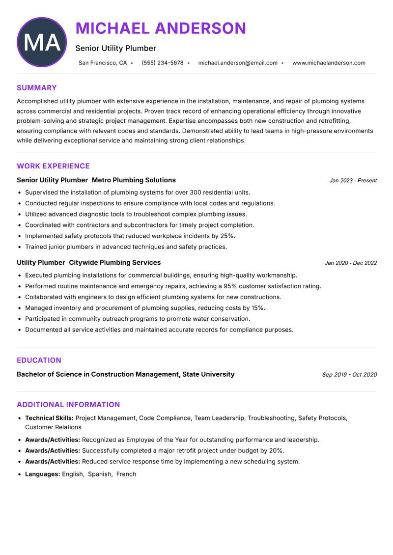Utility Plumber resume example — ATS-friendly template