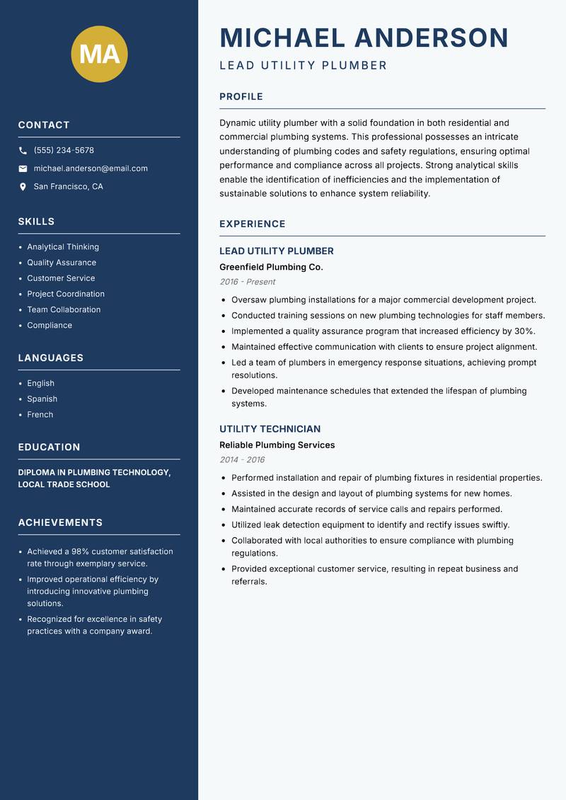 Utility Plumber resume template — Classic Clean