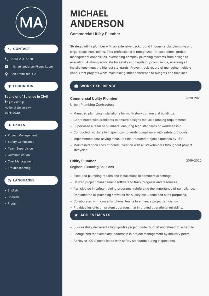 Utility Plumber resume template — Compact