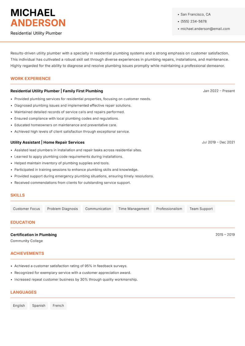 Utility Plumber resume template — Modern Professional