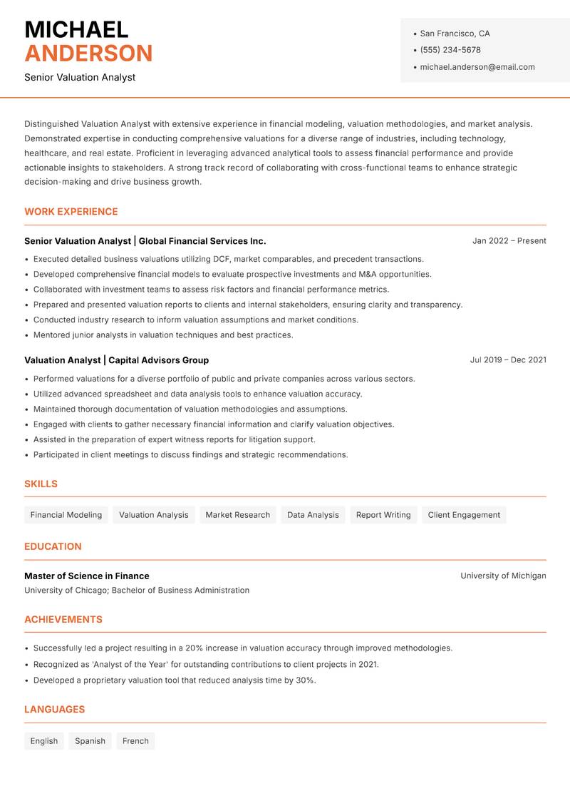 Valuation Analyst resume template — Modern Professional