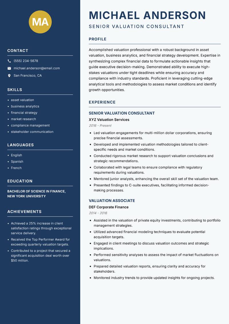 Valuation Associate resume template — Classic Clean