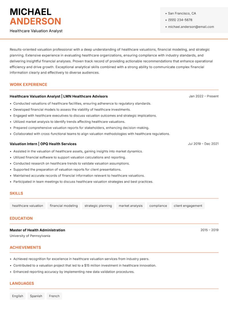 Valuation Associate resume template — Modern Professional