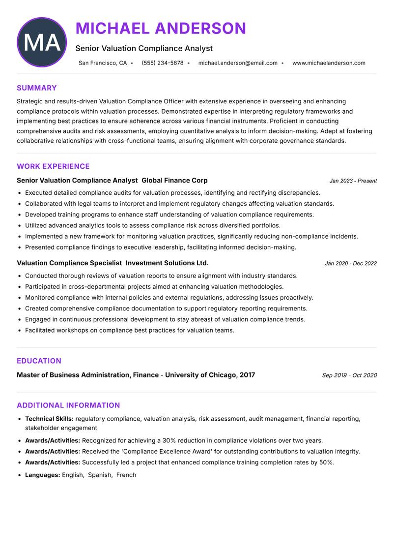 Valuation Compliance Officer resume example — ATS-friendly template