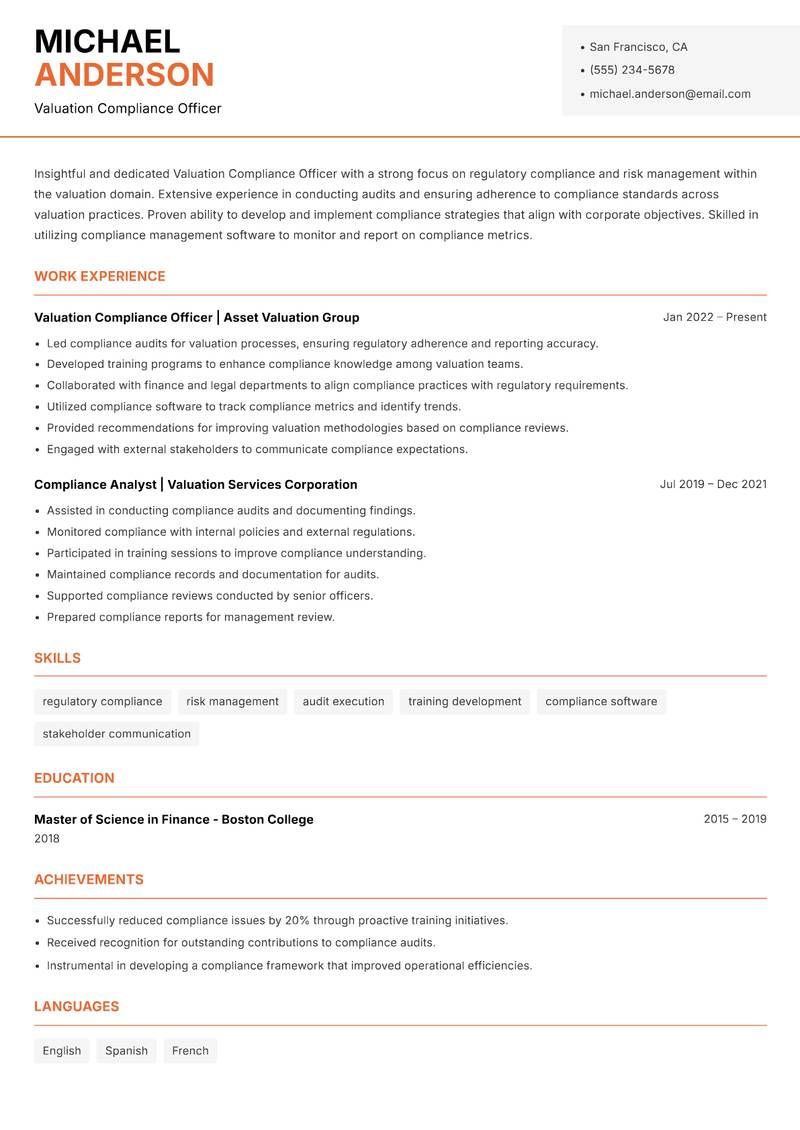 Valuation Compliance Officer resume template — Modern Professional
