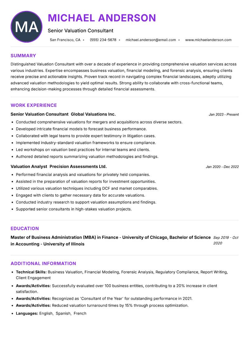 Valuation Consultant resume example — ATS-friendly template