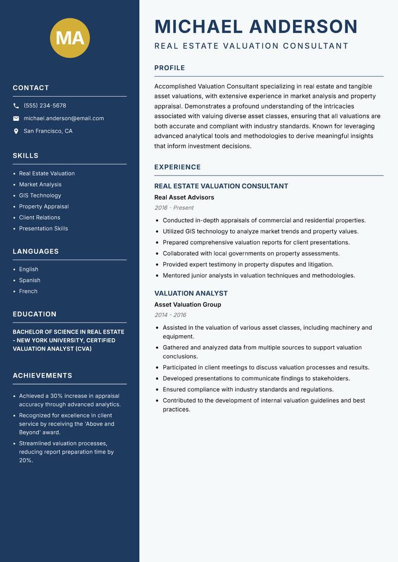 Valuation Consultant resume template — Classic Clean