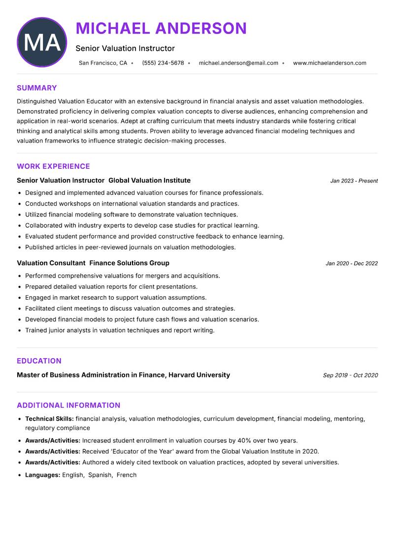 Valuation Educator resume example — ATS-friendly template
