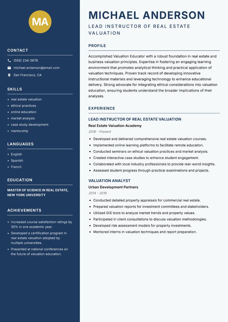 Valuation Educator resume template — Classic Clean