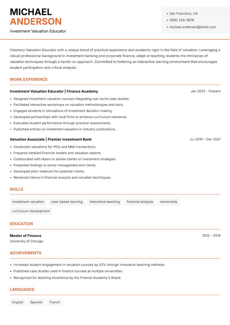 Valuation Educator resume template — Modern Professional