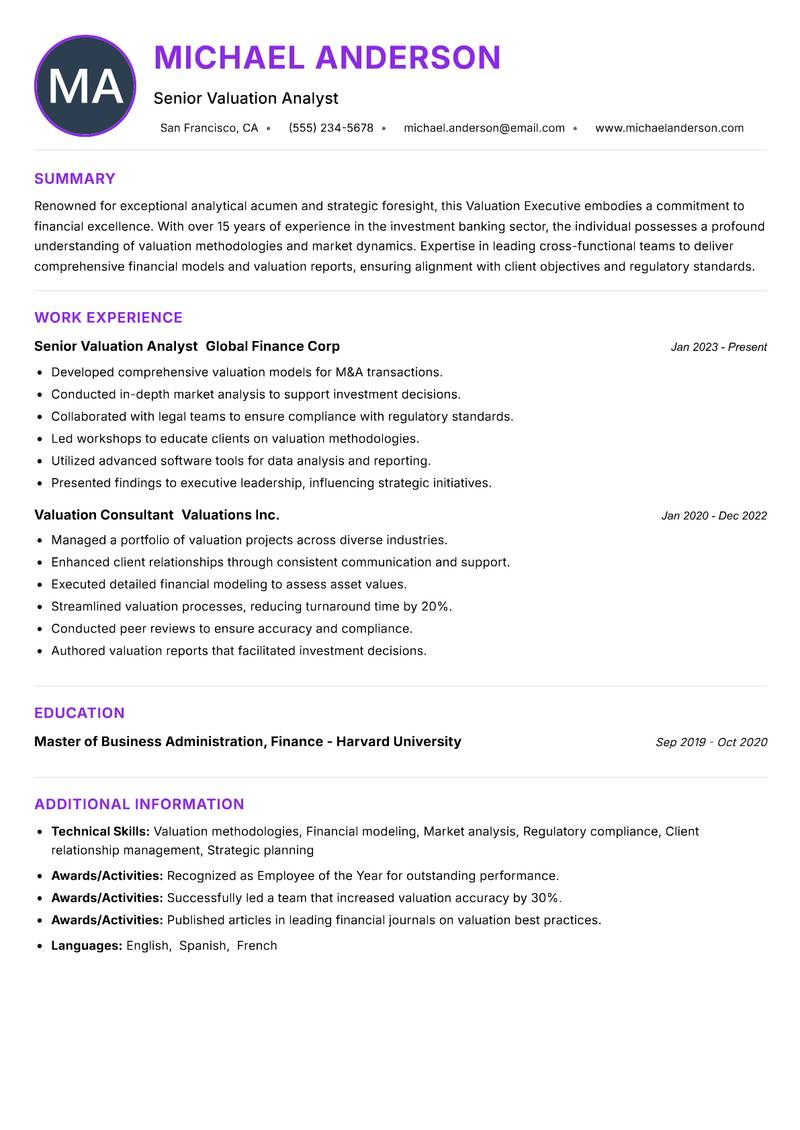 Valuation Executive resume example — ATS-friendly template