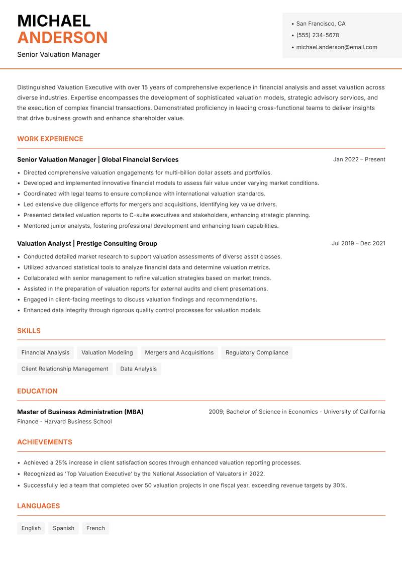 Valuation Executive resume template — Modern Professional