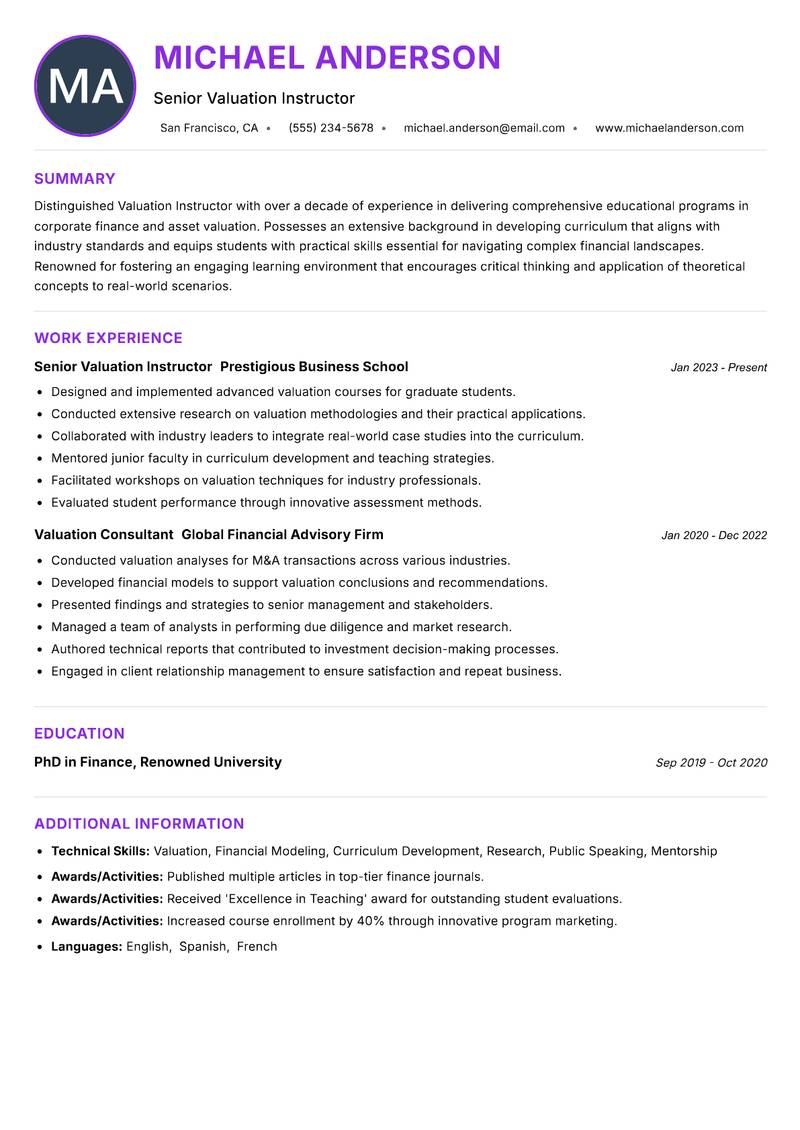 Valuation Instructor resume example — ATS-friendly template