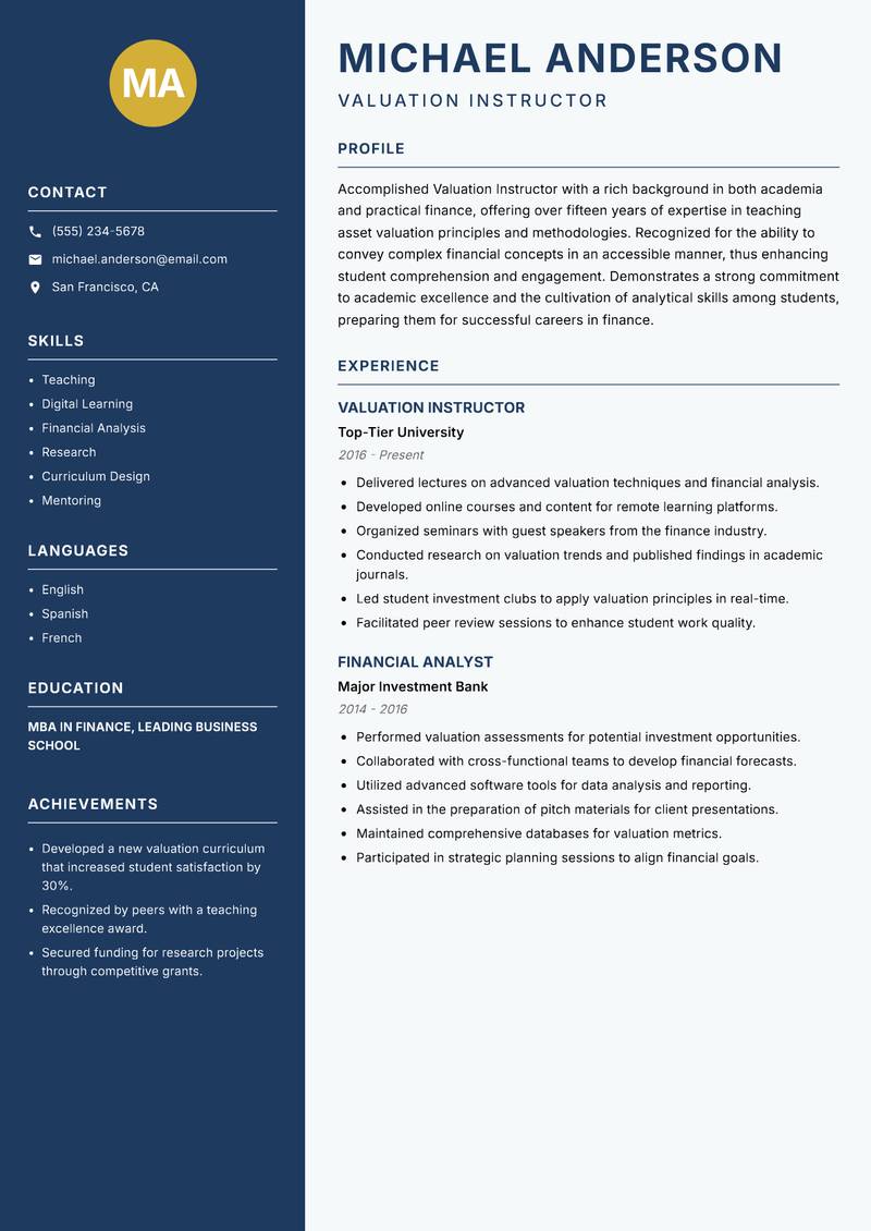 Valuation Instructor resume template — Classic Clean