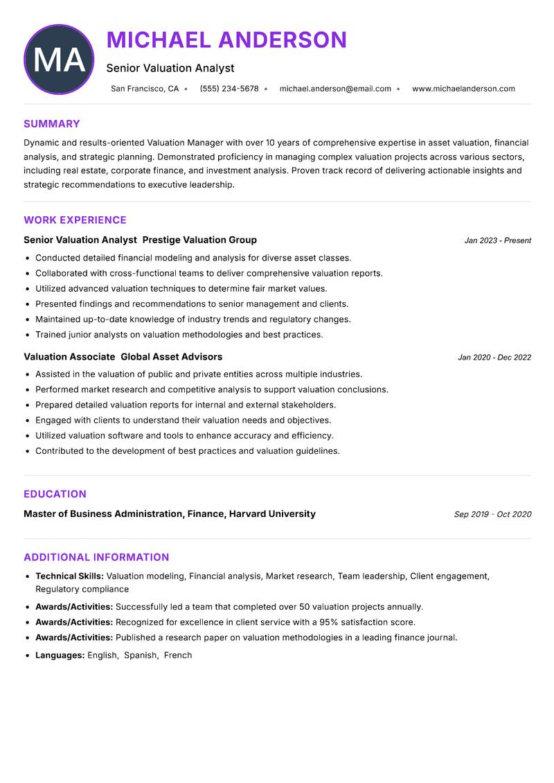 Valuation Manager resume example — ATS-friendly template