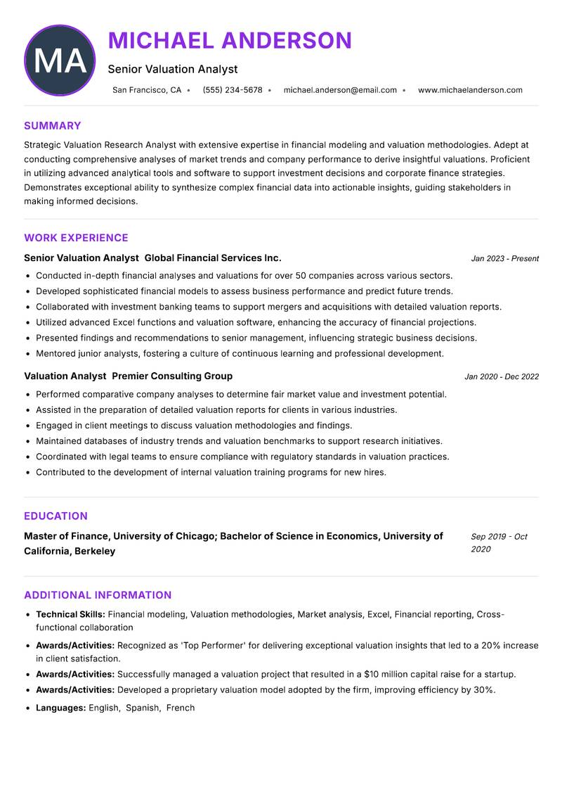 Valuation Research Analyst resume example — ATS-friendly template