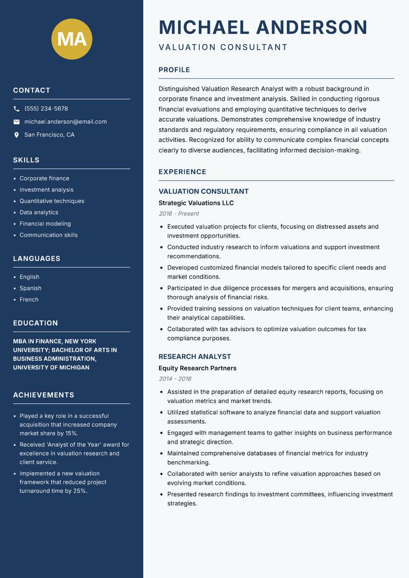 Valuation Research Analyst resume template — Classic Clean